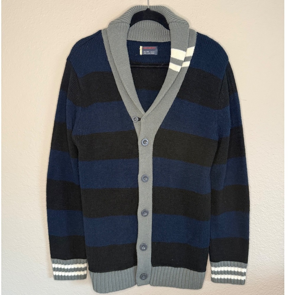 Y2K Unionbay‎ Mens Medium Shawl Collar Cardigan Striped Knit Ivy League Preppy